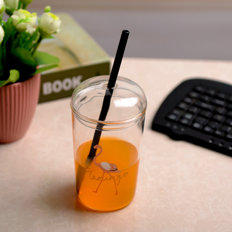 创意卡通玻璃吸管杯成人水杯耐热带吸管饮料果汁牛奶杯子大容量