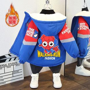 2024男童秋冬蜘蛛侠加绒外套男宝宝洋气连帽保暖加厚棉服蓝色棉衣