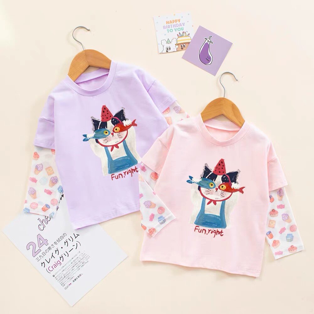 女宝宝夏季纯棉防晒t恤女孩猫咪衣服女童冰丝袖防蚊短袖透气上衣