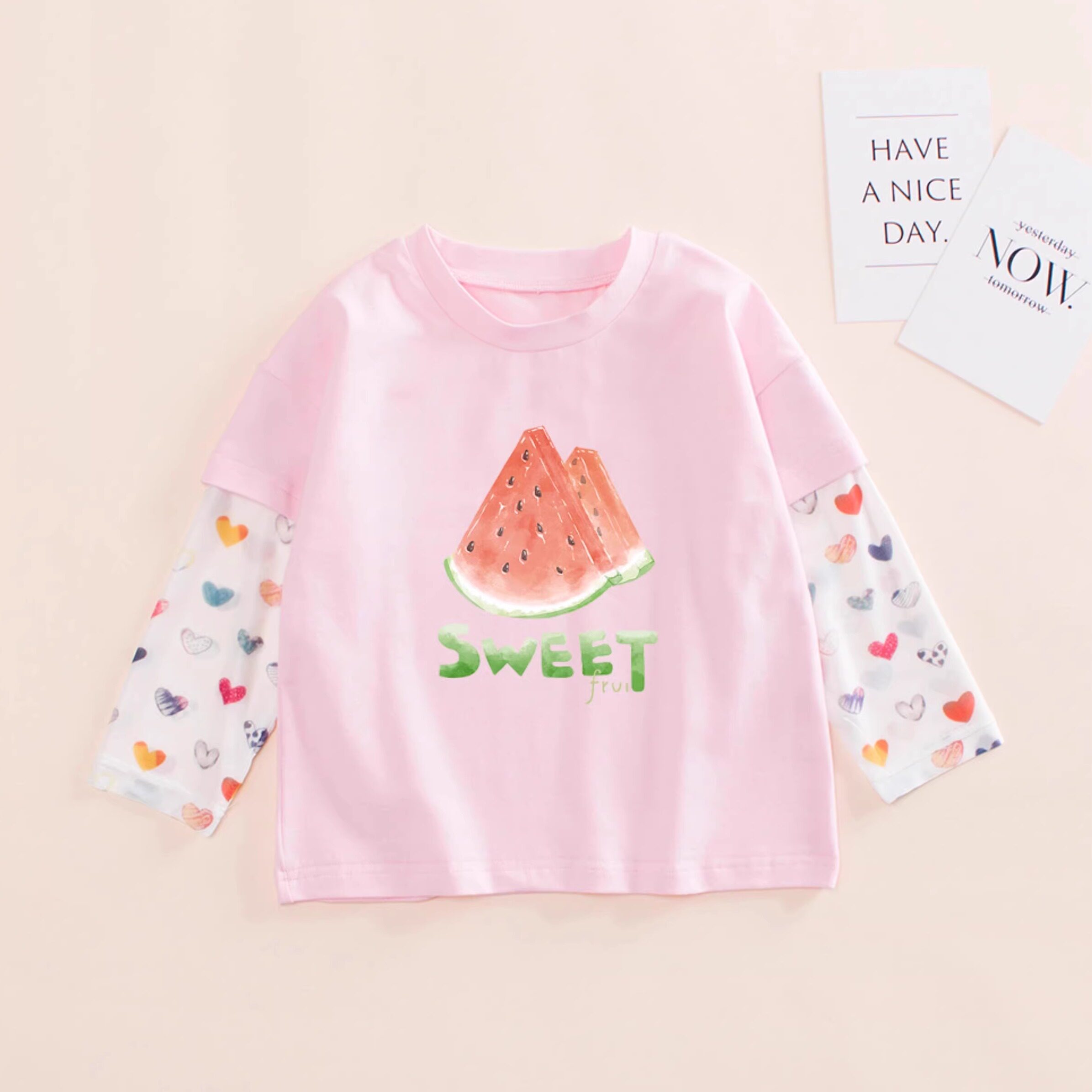 女童夏装薄款网纱袖T恤女宝宝宽松纯棉长袖幼儿园假两件西瓜衣服