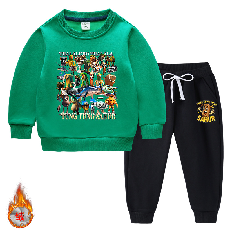 男童山海经图案衣服儿童一体绒长袖卫衣套装秋冬加绒运动两件套宝