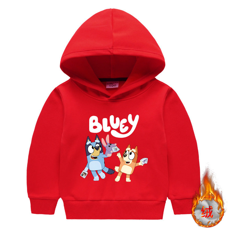 儿童冬季连帽卫衣女童布鲁伊长袖女宝宝红色加绒保暖上衣卫衣套装