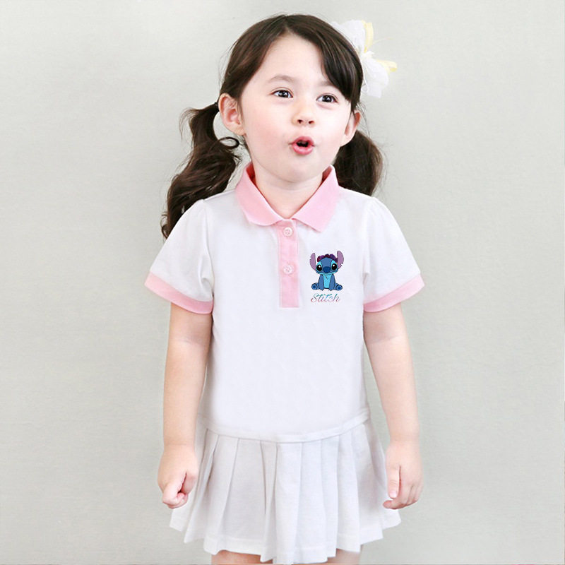 2023女童夏季Polo裙儿童卡通史迪仔学院风百褶短袖洋气连衣裙潮5