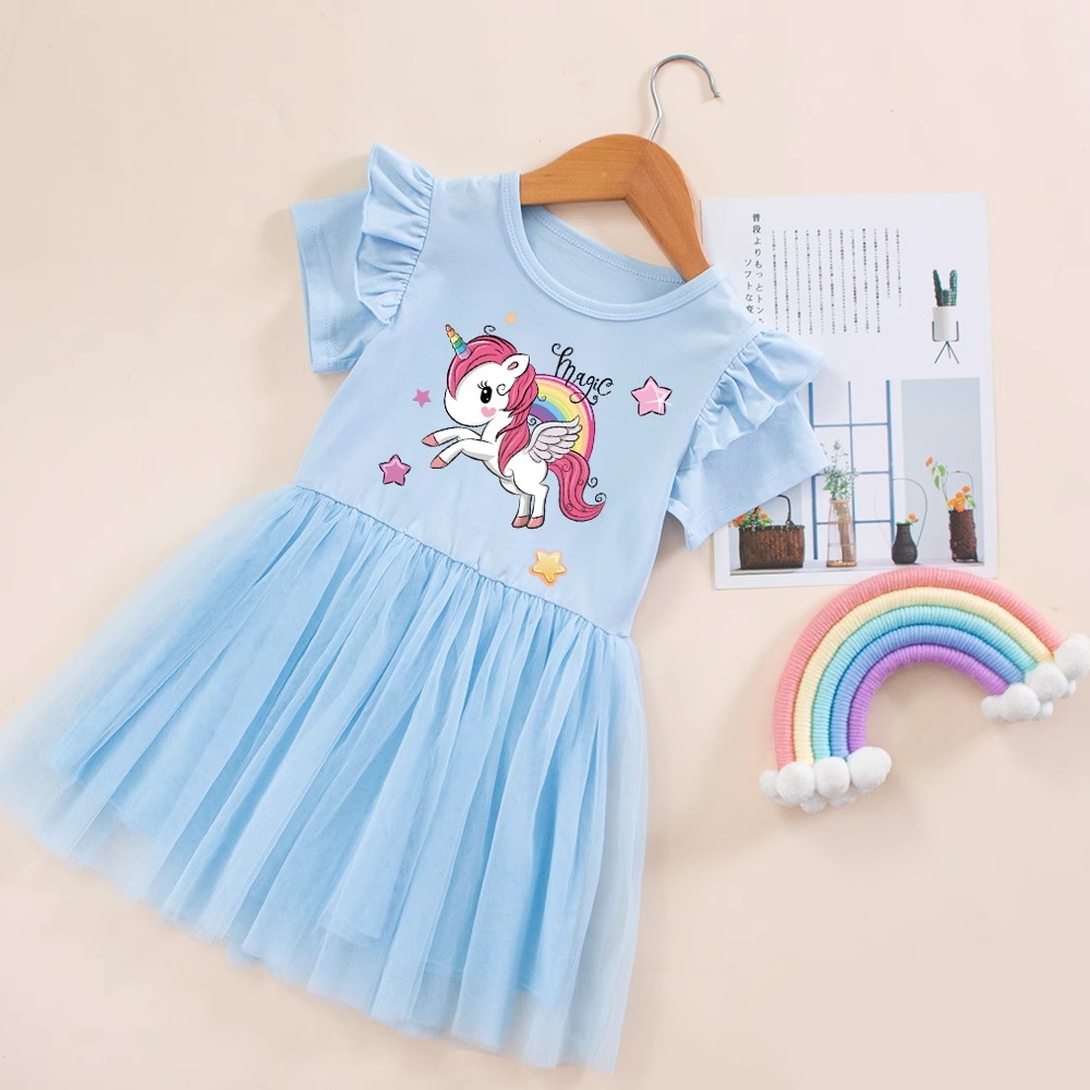 女童独角兽夏季纯棉短袖裙子儿童简约洋气网纱公主裙女宝宝连衣裙