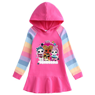 女童2024春装新款彩虹连衣裙儿童纯棉长袖卫衣裙女宝宝连帽公主裙