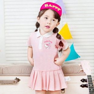 女童夏季卡通polo领连衣裙可爱公主风短袖百褶裙洋气kt猫裙子裤子