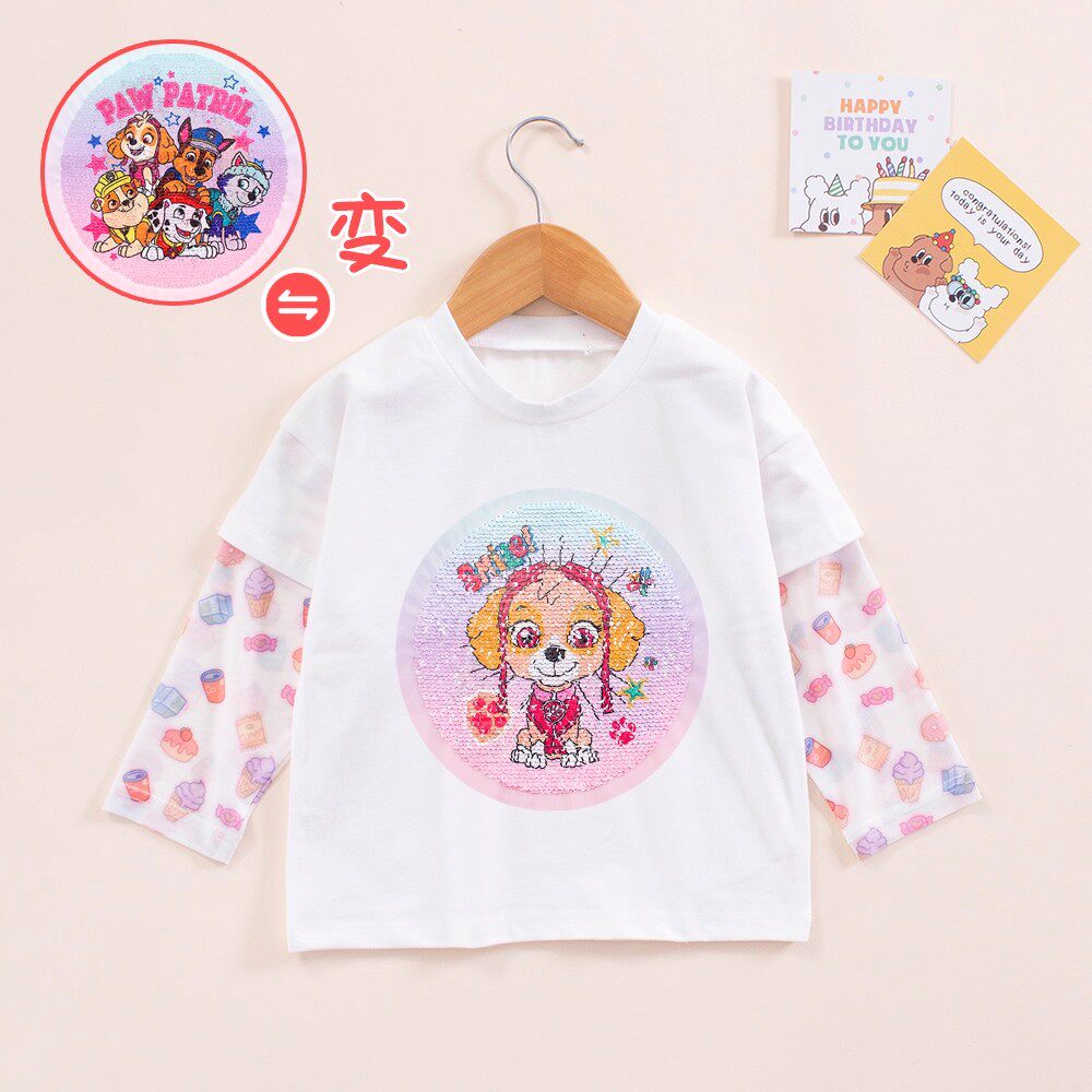 女童汪汪队亮片变色衣服儿童纯棉长袖假两件防晒T恤宝宝防蚊上衣