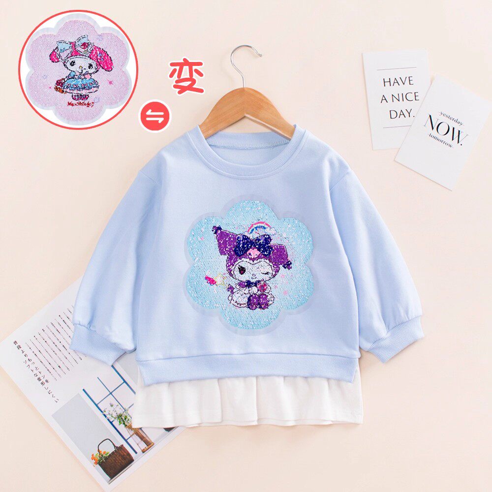 女童春秋纯棉长袖宝宝美乐蒂库洛米亮片变色衣服女孩假两件卫衣