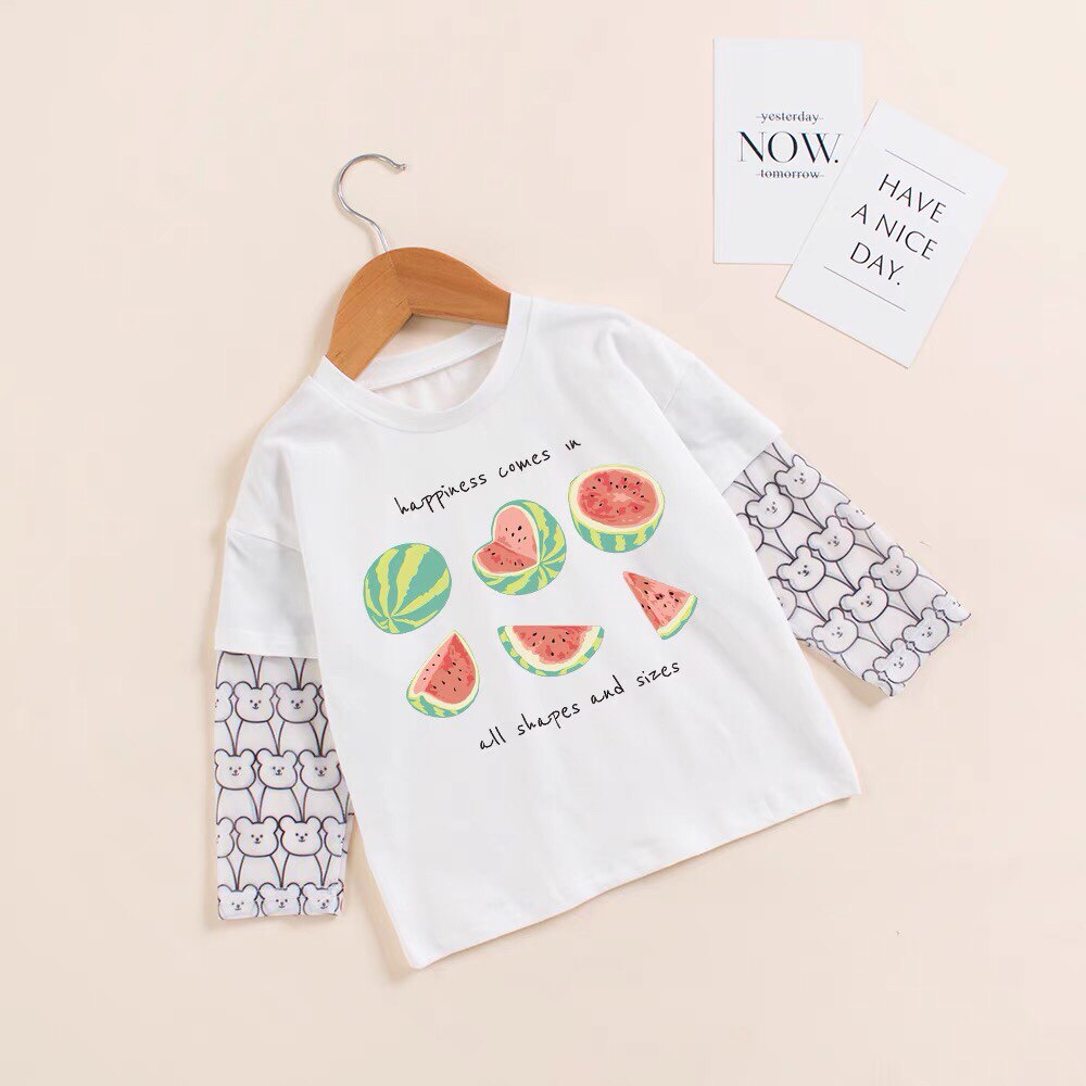 男童夏天纯棉t恤女童薄款假两件网纱长袖儿童韩版清新西瓜防晒衣