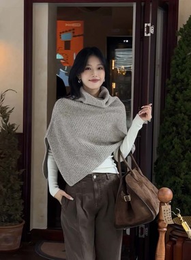 黑色高领针织围巾女早秋季厚高级感叠穿开叉披肩斗篷围脖上衣短款