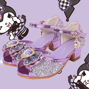 儿童公主鞋库洛米女童高跟宝宝夏季时装紫色水晶鞋小女孩软底凉鞋