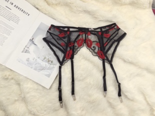 法式 性感防滑袜夹 欧美外贸网纱薄款 透视吊袜带女 红唇刺绣