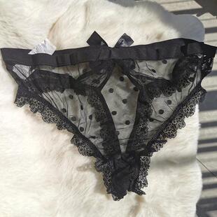 欧美外贸波点纱透视蕾丝边内裤 女 性感网纱三角裤 大码 4XL 镂空