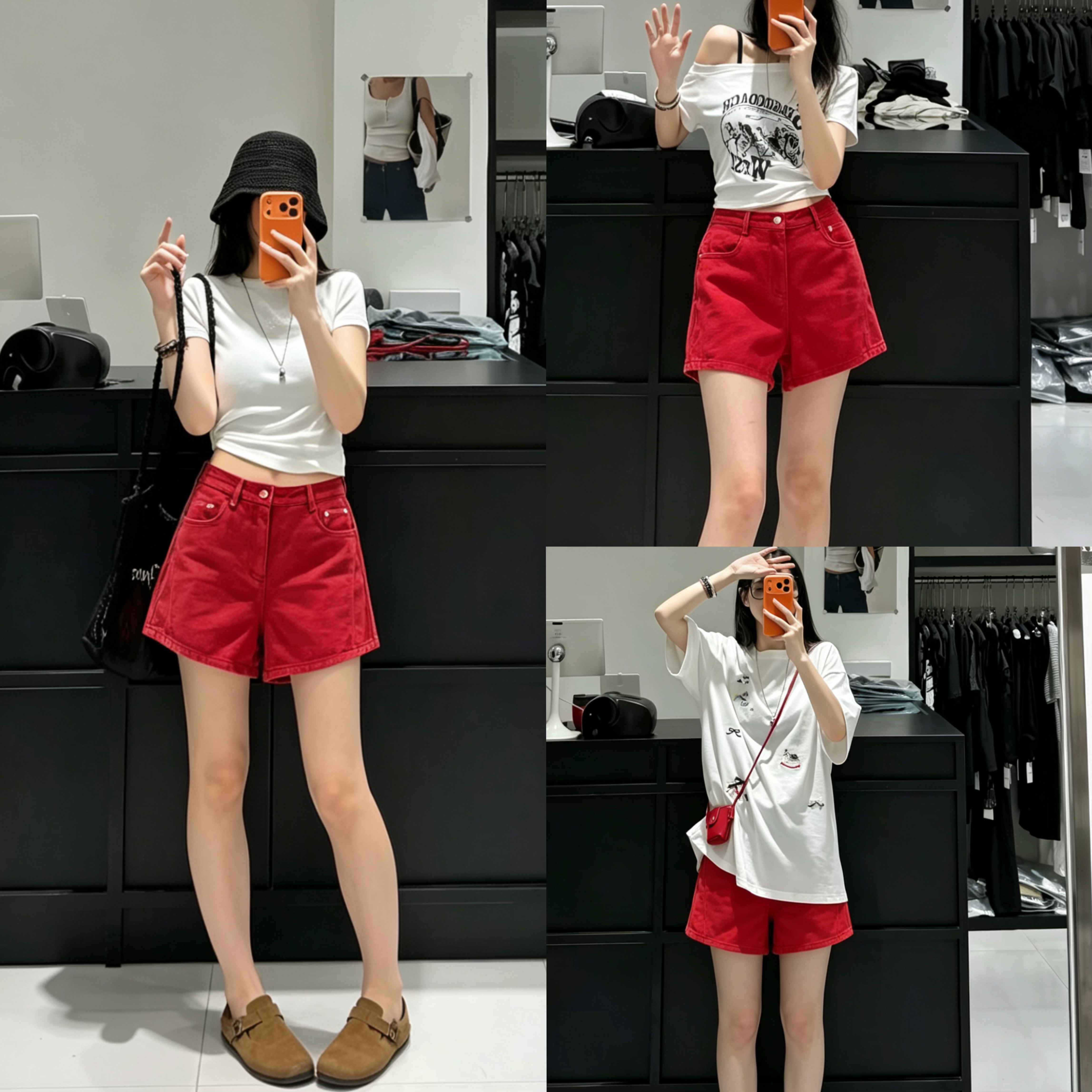 欧美红色高腰牛仔短裤女夏天时尚宽松洋气休闲水洗A字阔腿热裤子