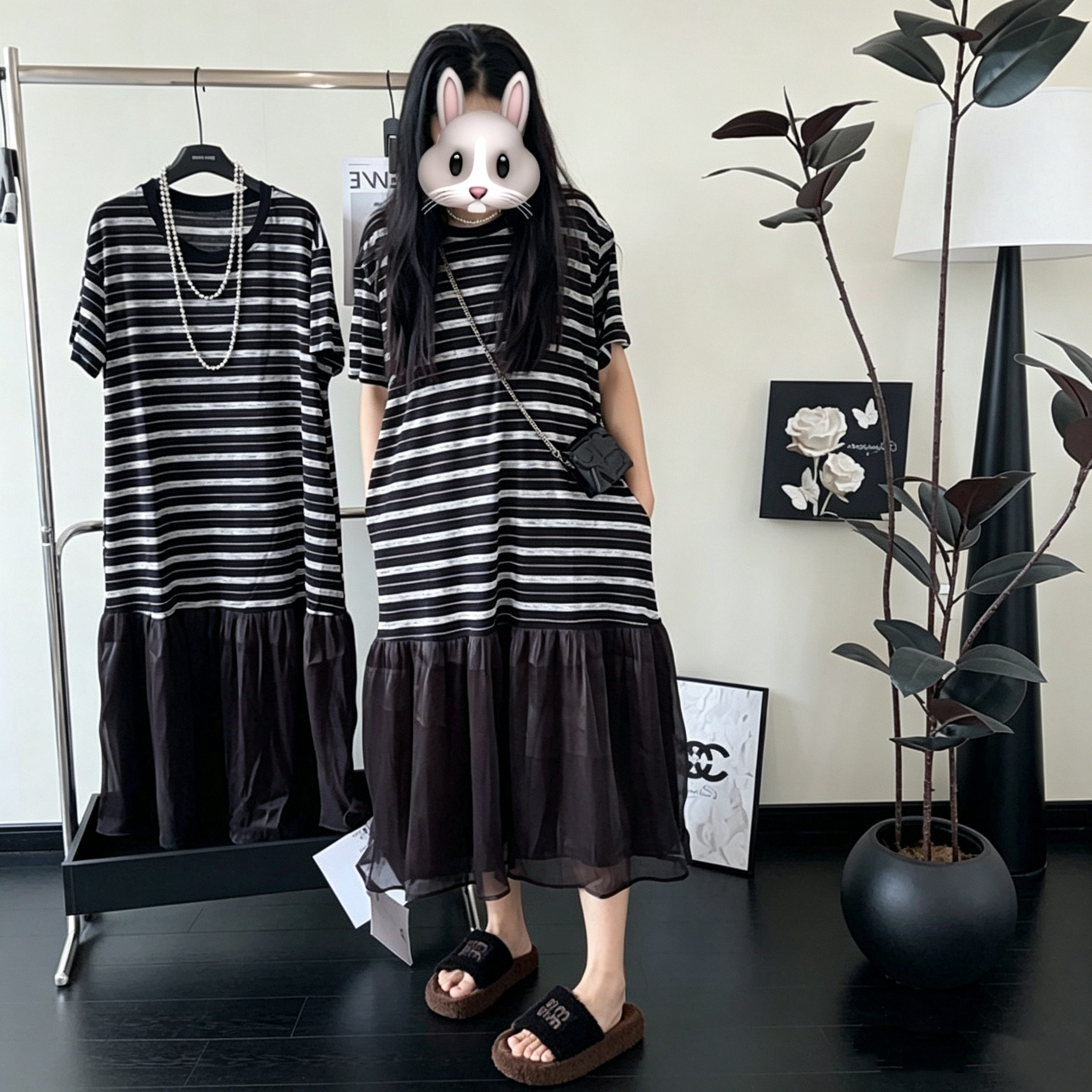 条纹拼接连衣裙女夏季宽松五分袖连衣裙