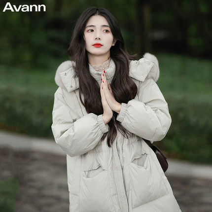 Avann白鸭绒带毛领羽绒服外套女狐狸毛长款羽绒服