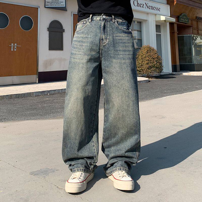 2026新款美式复古水洗做旧宽松直筒中腰牛仔裤男春季阔腿潮流长裤