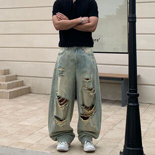 美式高街复古水洗破洞牛仔裤男士青年中腰宽松阔腿潮牌长裤破烂风