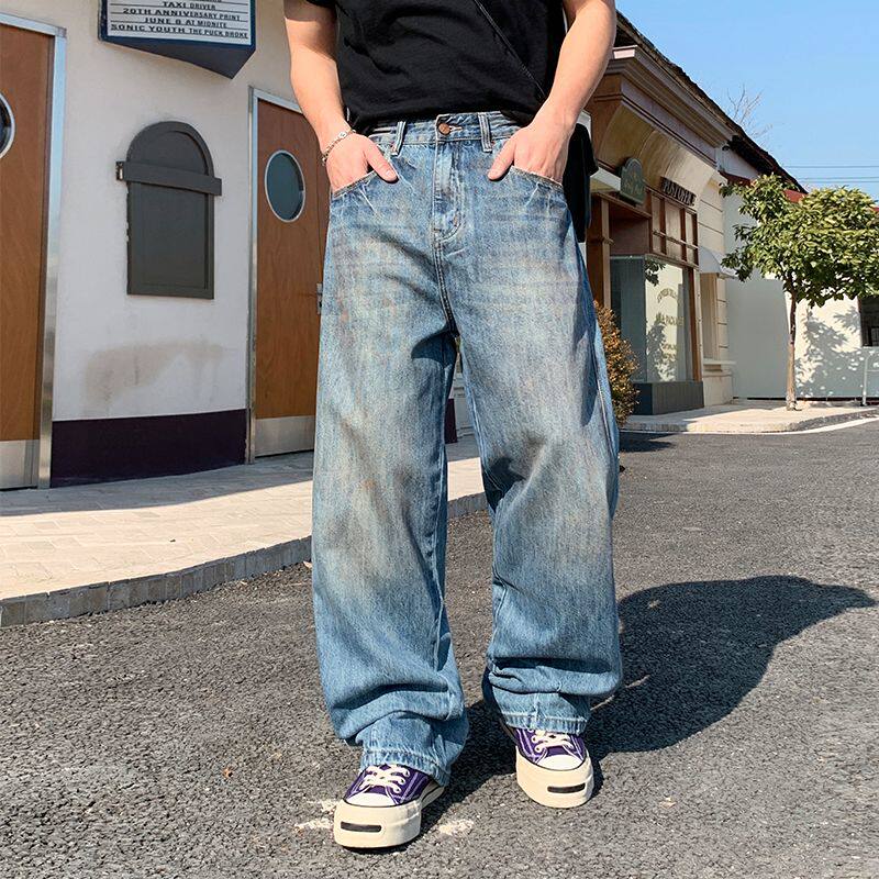 2026春季新款美式复古水洗做旧阔腿牛仔裤男宽松百搭中腰直筒长裤