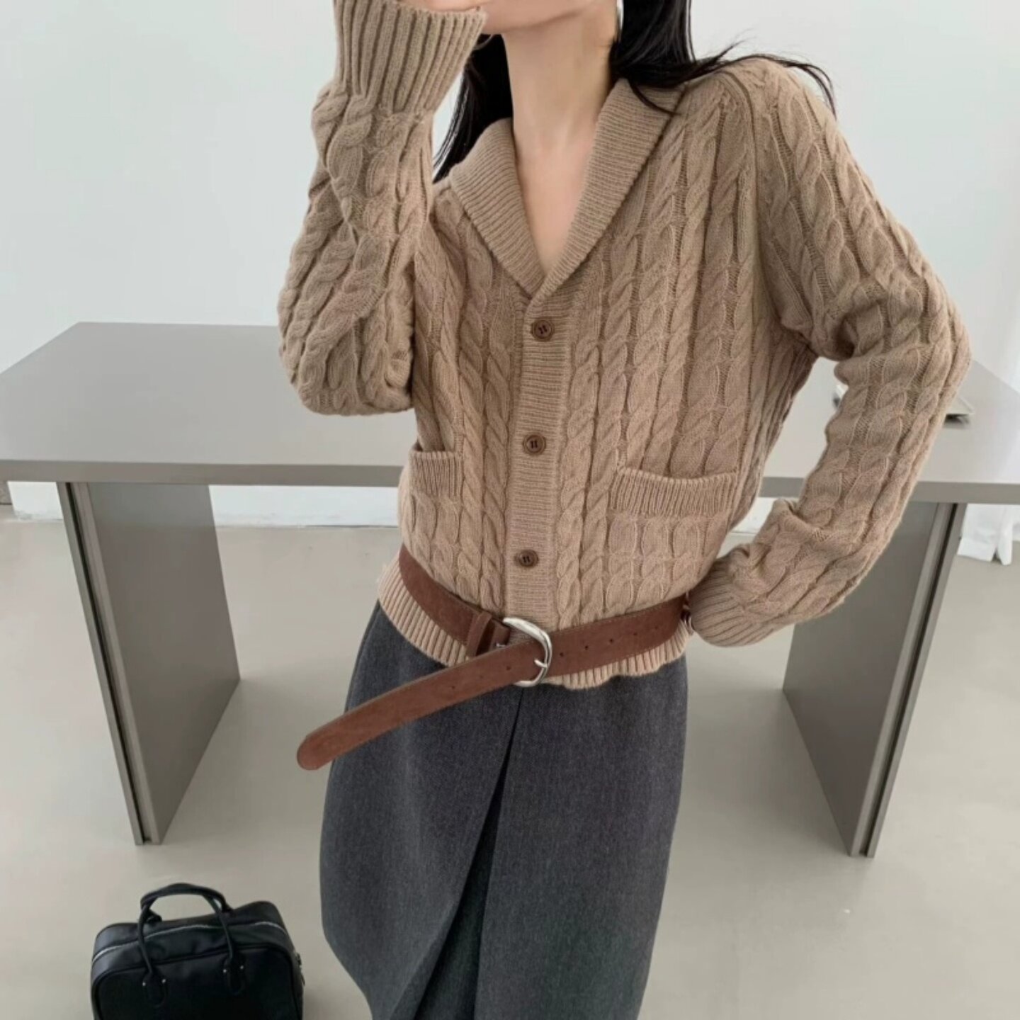 老钱风麻花100%羊毛开衫女翻领