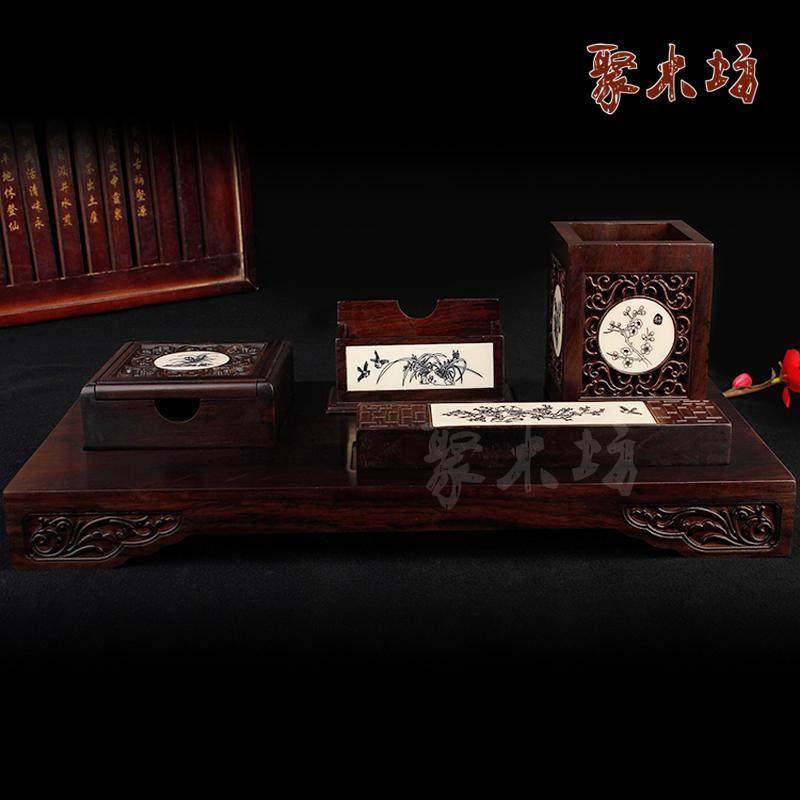 高档办公桌黑檀实木摆件老板办公室桌面海鲸牙雕刻笔筒送领导礼品