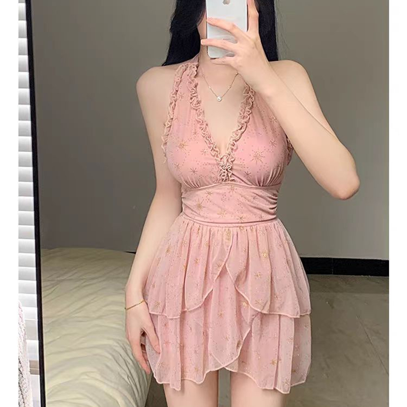 2025夏季法式复古性感露背甜美花边显瘦v领裙式连体泳衣温泉泳装