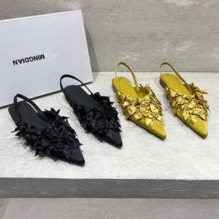 尖头平底后空包头凉鞋 2025夏季 名媛御姐法式 蝴蝶结绸缎穆勒鞋 新款