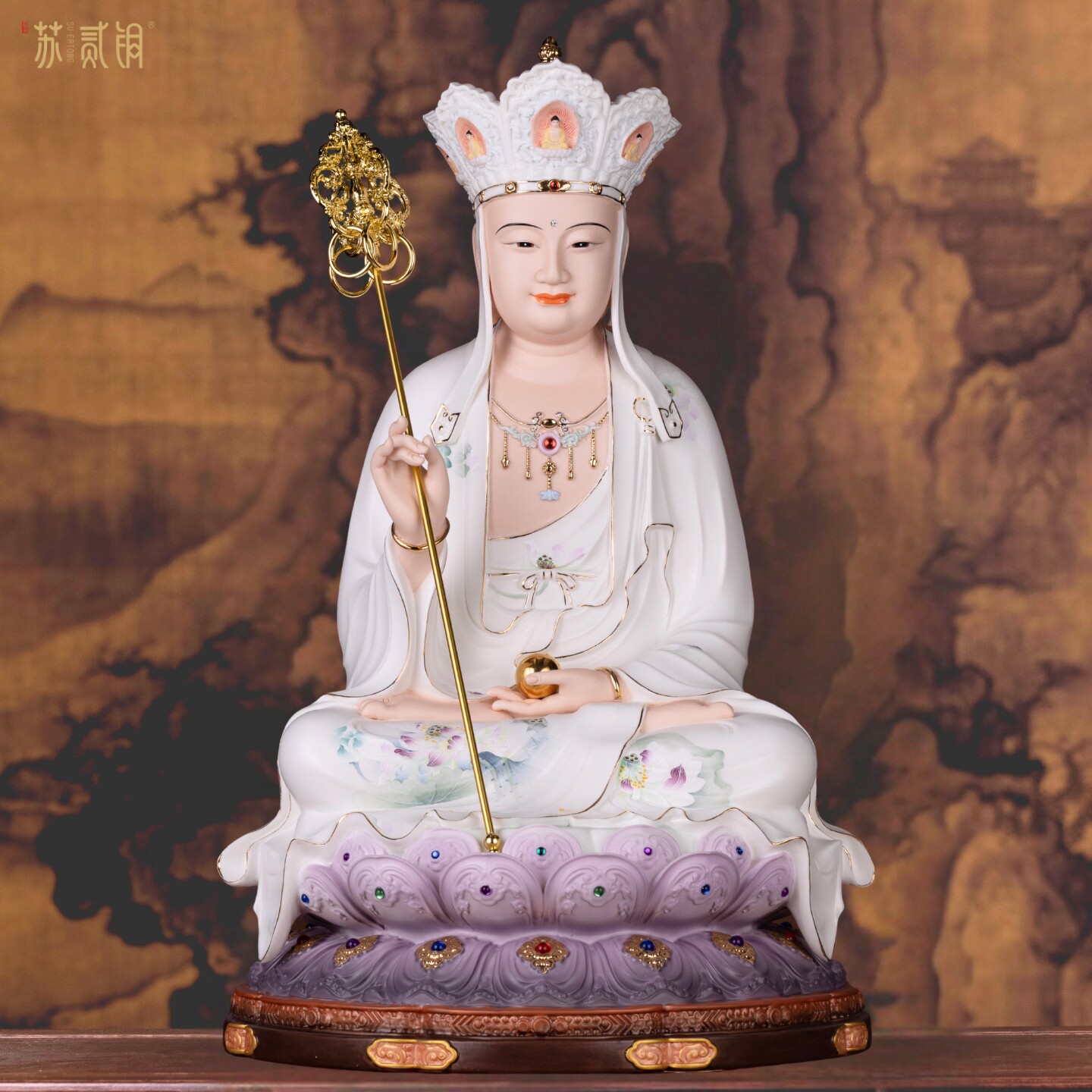 德化陶瓷地藏王菩萨像荷花彩九华山地藏王像地藏神像大愿供奉摆件