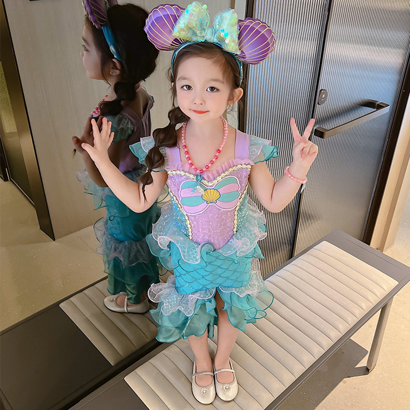 女孩美人鱼公主裙迪士尼卡通裙女童海边度假拍照连衣裙亮片七彩裙