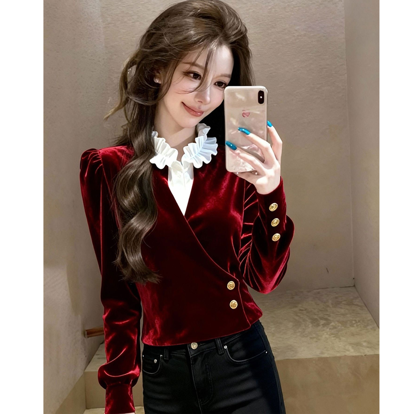 2025秋冬新款法式荷叶边立领拼接收腰修身红色丝绒假两件短款衬衫