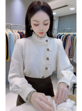 2025秋冬新款法式木耳边立领拼接洋气花边加厚磨毛欧货长袖衬衫女