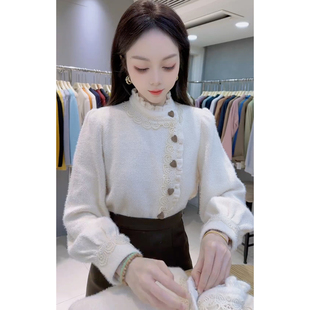 2025秋冬新款法式木耳边立领拼接洋气花边加厚磨毛欧货长袖衬衫女