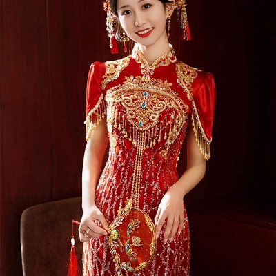 绝美高端新娘新中式旗袍敬酒服租赁高级感轻奢红色订婚礼服出租借