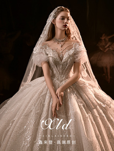 重工高定一字肩挂脖婚纱租赁高端新娘奢华大拖尾主纱2025新款虎丘