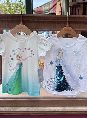 香港迪士尼女童装夏季 可冰雪奇缘爱莎公主渐变亮片卡通短袖棉T恤