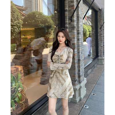 【TKIKI】法式复古印花波西米亚连衣裙女长袖复古度假飘逸裙