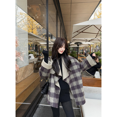【TKIKI】高级感羊驼绒羊毛双面呢女 短款格子大衣 气质显高外套