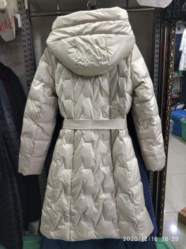 贝邦尼羽绒服米色女A831加厚连帽腰带修身中长款白鸭绒小码S号