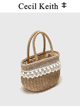cecilKeith蕾丝草编包森女田园手提菜篮子女度假沙海边手拎小包女