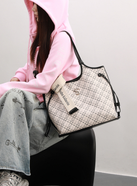 stk2026棋盘格托特包女式2026新休闲上学大容量通勤单肩手提大包