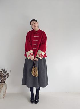 李cc·国风改良盘扣红色毛呢大衣女秋冬新款