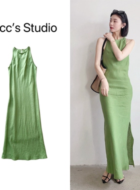 李cc·夏日亚麻纯色度假设计感显瘦修身连衣裙