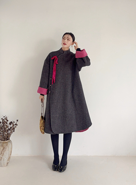 李cc·复古绑带设计感斜襟羊毛大衣中长款外套女