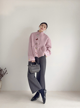 李cc·复古刺绣钉珠小立领加厚毛呢外套女秋冬新款