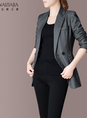 尘埃之家2025春装新款经典竖条纹灰色OL职场小西装短外套女A409