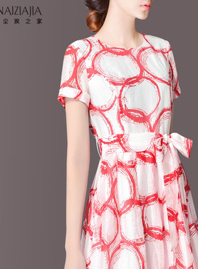 2025夏装新款气质大摆红色亚麻中长裙收腰显瘦度假风印花连衣裙女