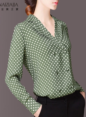 2022春装新款优雅复古绿色波点修身显瘦长袖衬衫休闲上衣女C501