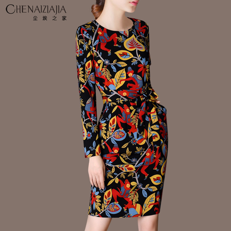 尘埃之家2025春装新款欧美时尚印花圆领修身后开叉系带连衣裙G11,女装/女士精品,连衣裙,淘宝优惠券,粉丝福利购,淘宝优惠卷