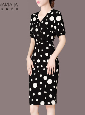 复古波点短袖连衣裙2025夏装新款气质V领修身包臀中长裙B128