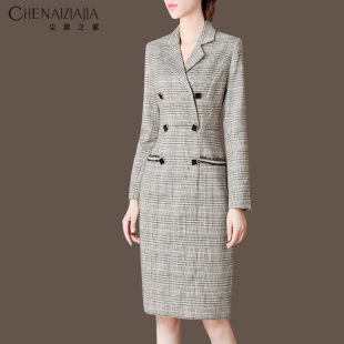 西装领连衣裙女2026春装新款格子修身长袖双排扣高腰包臀裙女A160